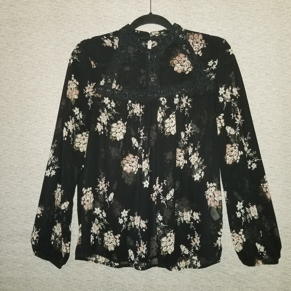 LUCKY BRAND Floral Mockneck‎ Blouse Size Medium Black Sheer Long Sleeve Boho Top